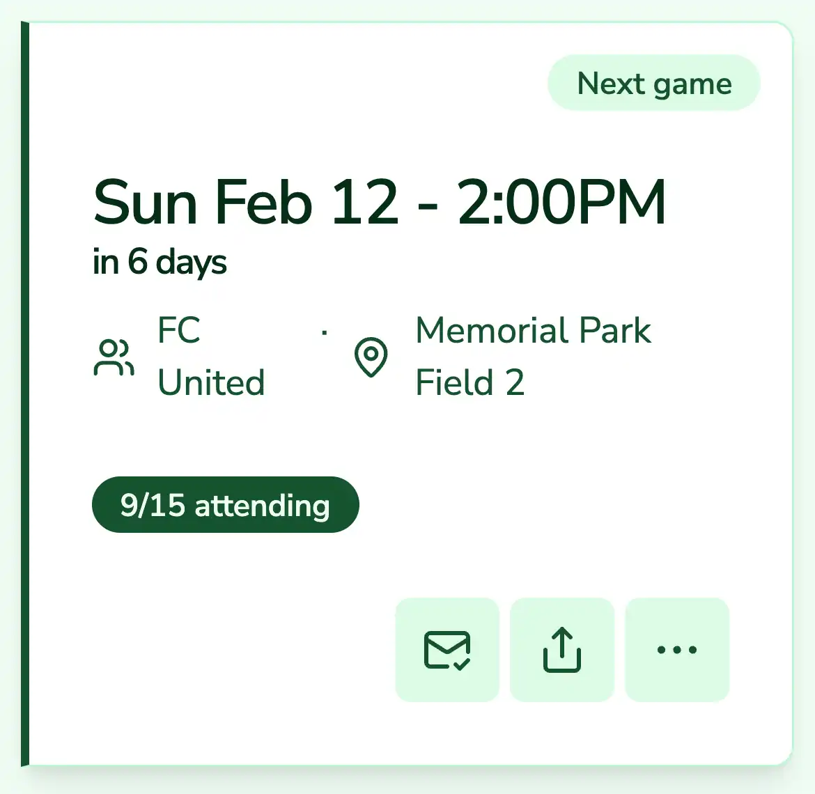 A screenshot of the TeamStats next game schedule for the team Green Machine.